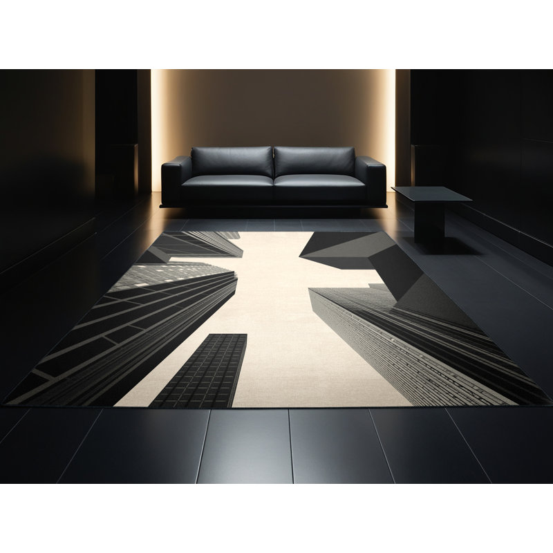 Machine Washable Pegah Modern & Contemporary Geometric Rug in Gray – Black Binding, 3' Square