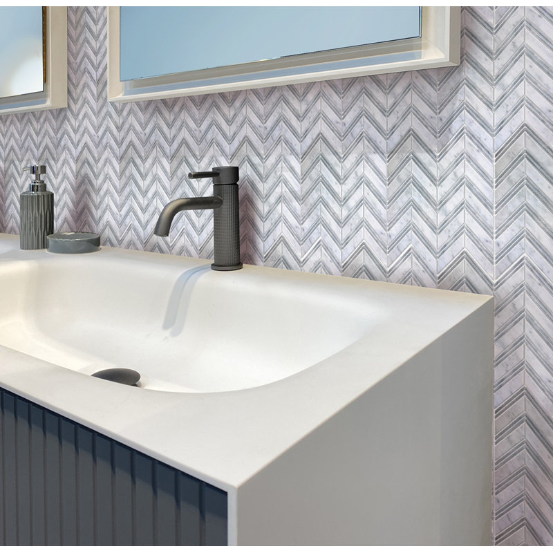 11" X 11.8" Herringbone Marble Polished Tile, Gray/White
