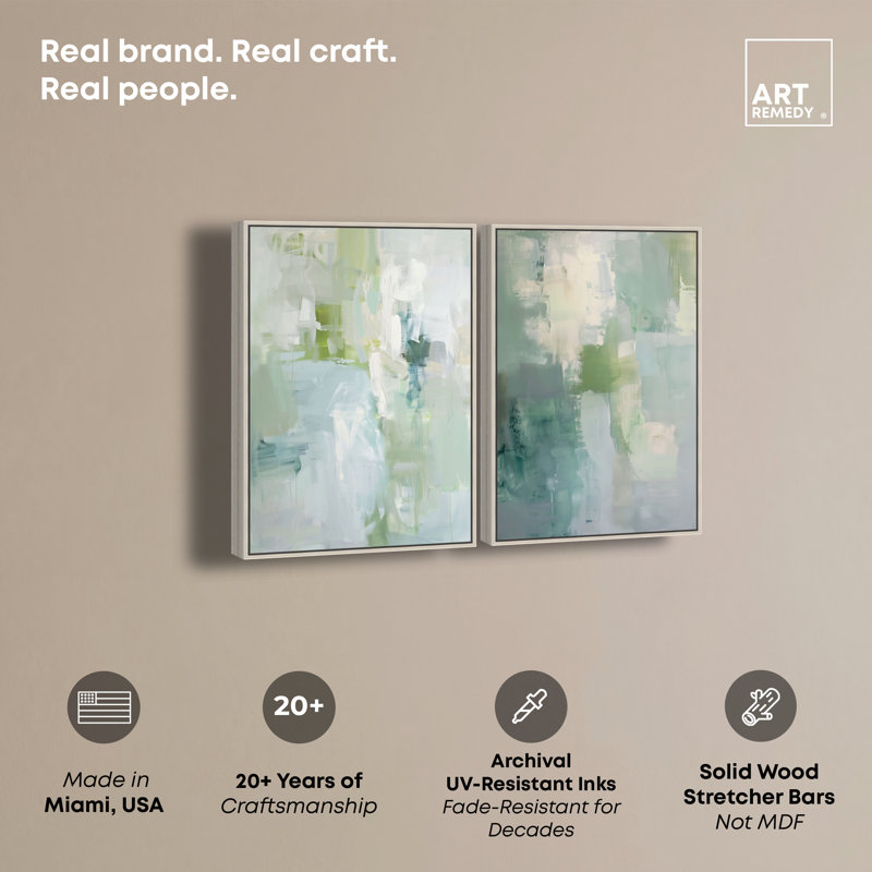 «Mossy Patches Duo», ensemble de décorations murales sauge sur toile par Art Remedy, H 16 po x l 11 po, Cadre argenté
