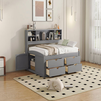 Full Wood Daybed Frame, 2 Cabinets, Shelves, 4 Drawers