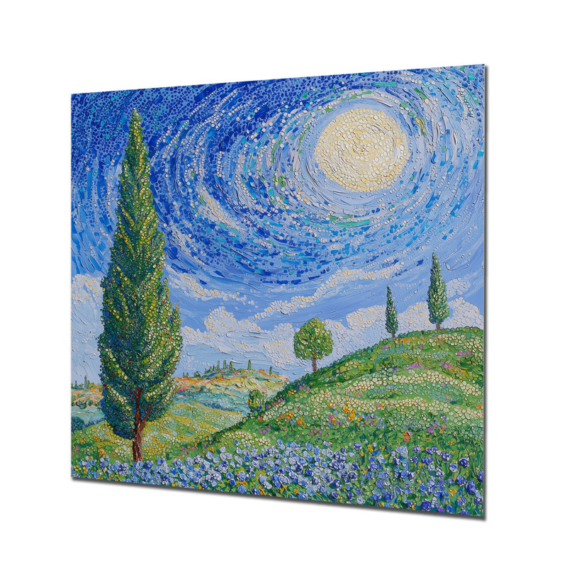«The Swaying Cypress Pointillism Reimagined V - Vangogh», impression sur métal, H 29 po x l 29 po