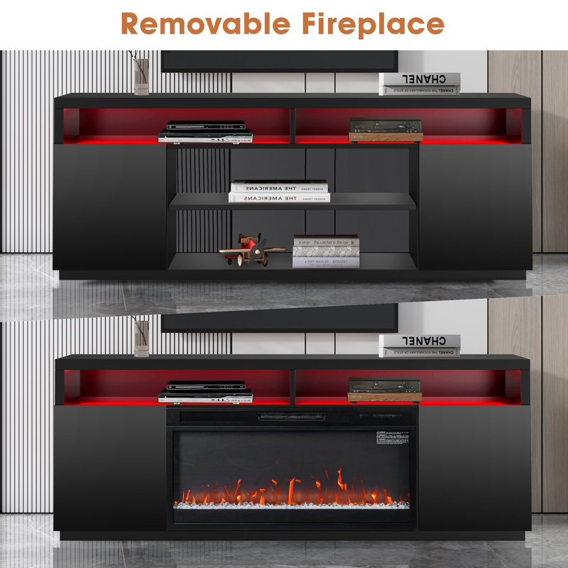 68" Media Console Fireplace TV Stand For TV Up To 78" with Electric Fireplace and LED Lights, Black