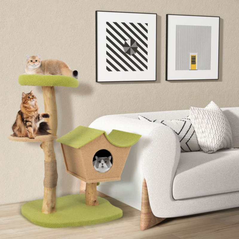 43 Inch Green and Beige Wooden Cat Tree with Perch and Condo