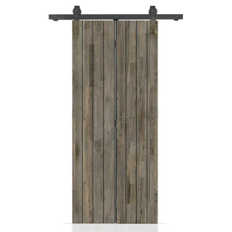 Porte de grange pliante en bois de pin avec quincaillerie coulissante, Gris patiné, 20 po x 80 po