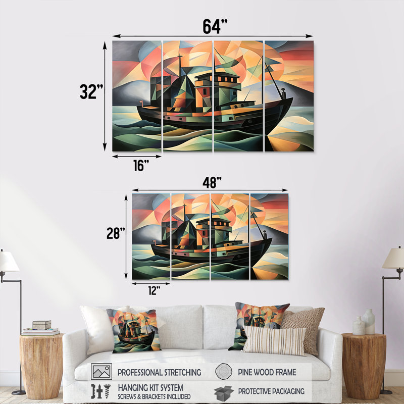 Art mural 4 pièces, bateau de croisière cubiste, H 28 po x l 48 po