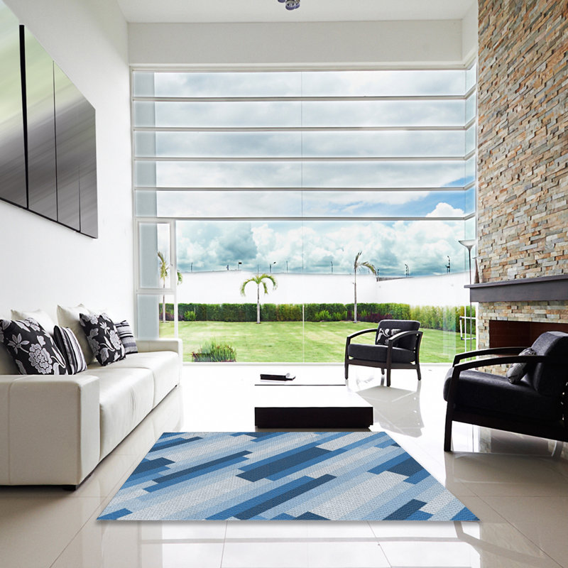 Tapis bleu/blanc à motifs, Carré 5 pi