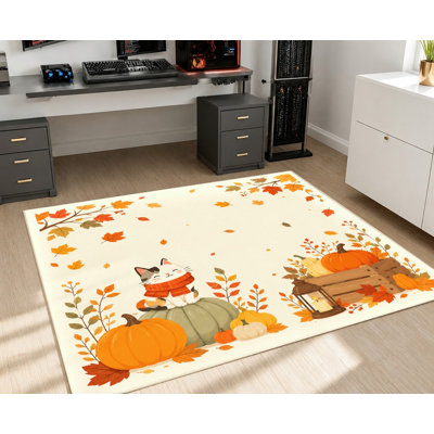 Tapis d'intérieur à motif chat d'automne, citrouille et feuilles d'érable, design animalier saisonnier mignon, surface en velours, antidérapant, idéal pour le salon, la chambre, la cuisine, l'entrée, le balcon ou un appartement.