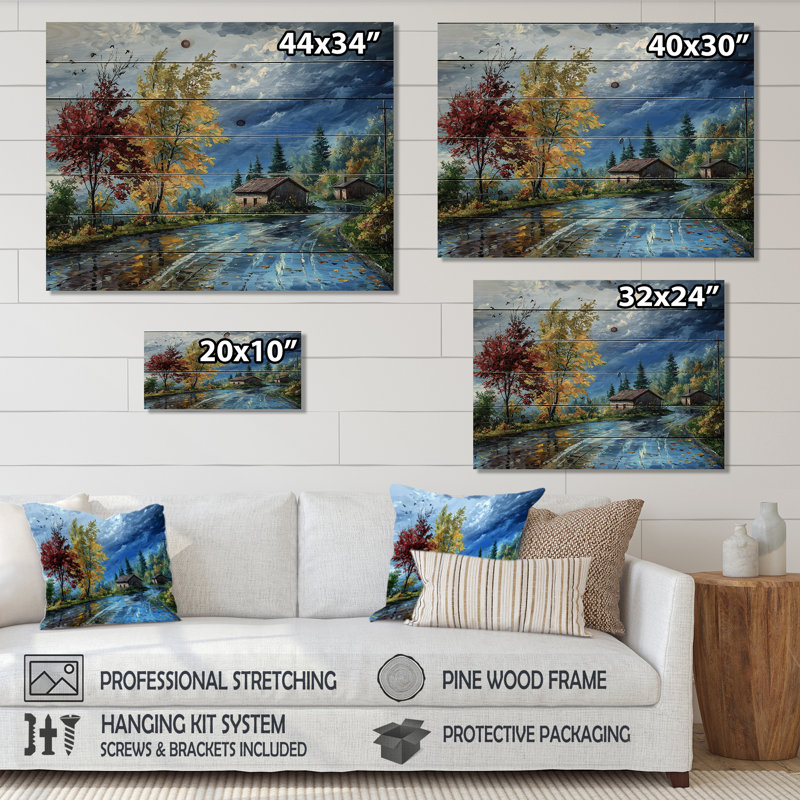 Route en automne dans un paysage de campagne II - impression de bois bleu sur bois de pin naturel, H 24 po x l 32 po