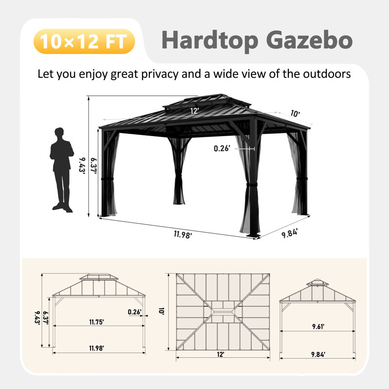 Hardtop Double-Roofed Aluminum Patio Gazebo Multiple Sizes, 113.03" H x 168" W x 144" D