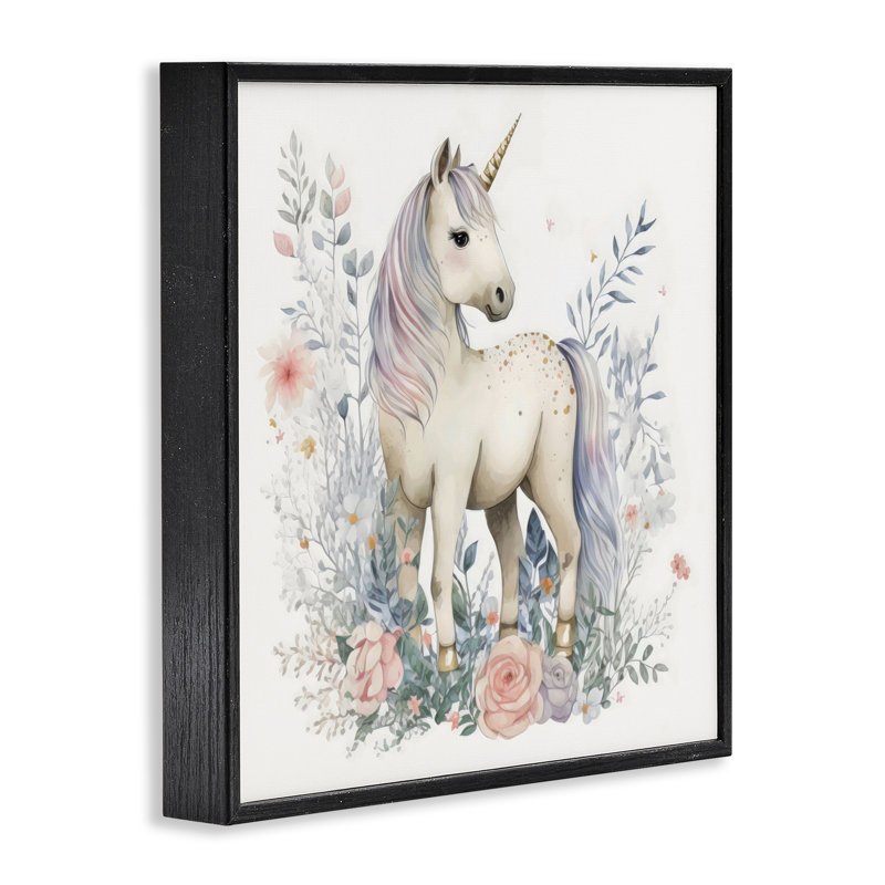 Licorne dans une forêt florale délicate, estampe numérique, design by Creative Studio, Giclée encadrée noir minuit