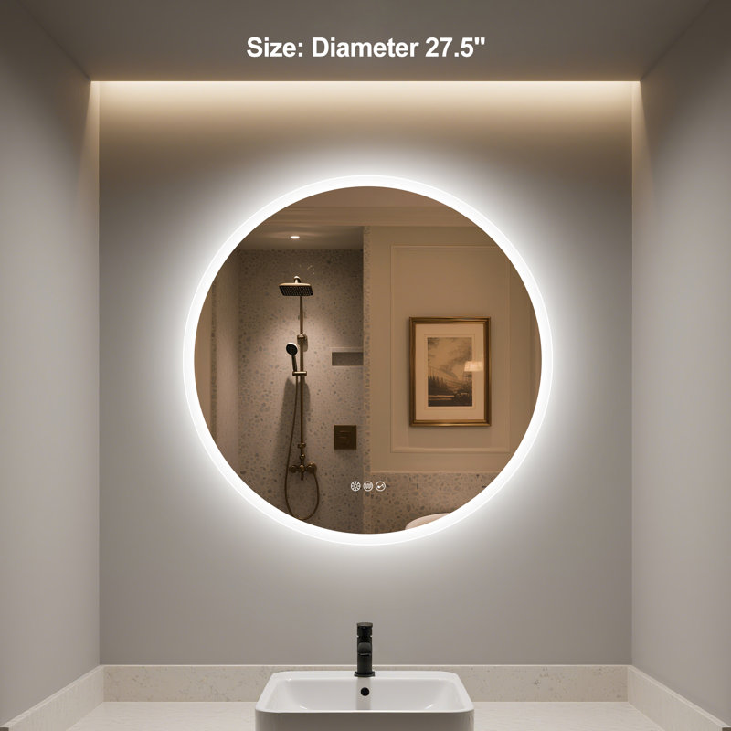 Round Vanity Mirror with Lights, Defogging, Bluetooth, Dimmable Temperature, 27.5" x 27.5"