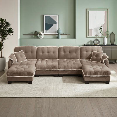 Chenille Upholstered Sofa with Tufted Cushions, Pom-Pom Trim, Matching Pillows, and Movable Ottoman for Living Room