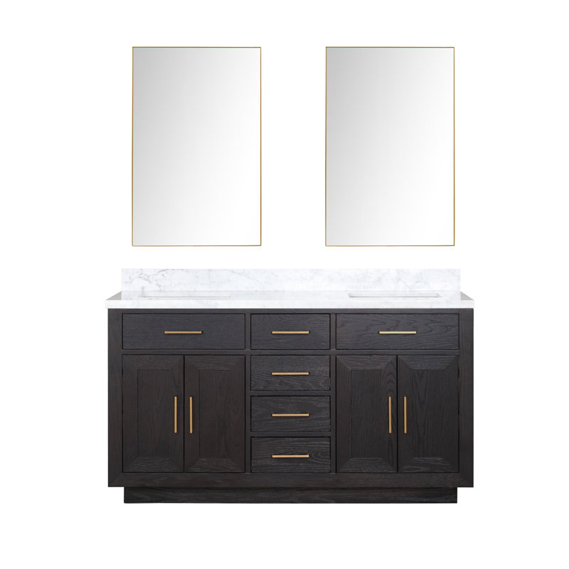 Ensemble de meuble-lavabo double 60 "avec miroir 60", Chêne noir, Marbre de Carrare blanc