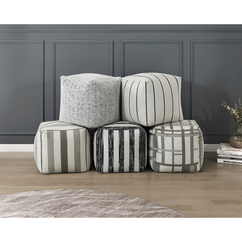 Square Upholstered Pouf - Non-Slip, 5Lb Lightweight Fabric Seat Upholstery, Multi-Color, Gray Polyester Striped