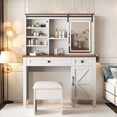 Makeup Vanity Desk Set With Sliding Mirror, Adjustable LED Light, Charging Socket, Multi Storage