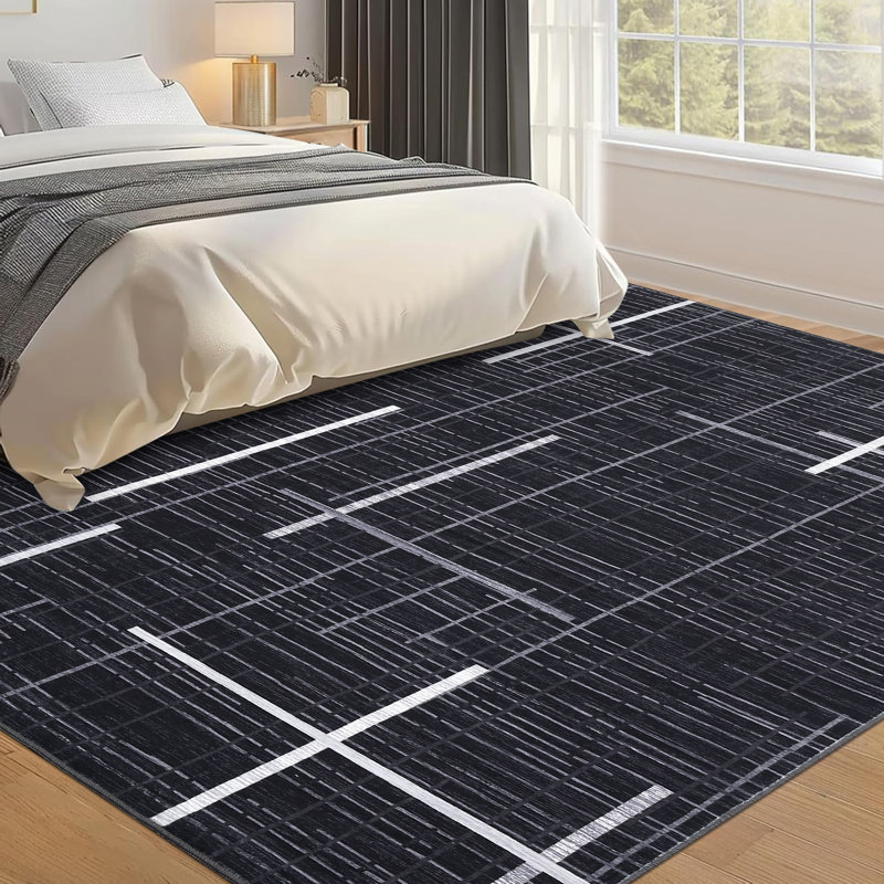 Modern Machine Washable Rug for Living Room Abstract Geometric Non Slip Ultra Thin Throw Rug Foldable Soft Stain Resistant Striped Accent Rug for Bedroom