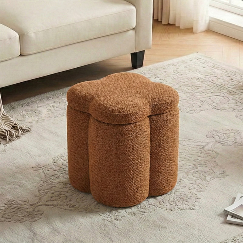 17" Upholstered Flower Ottoman with Storage, Brown