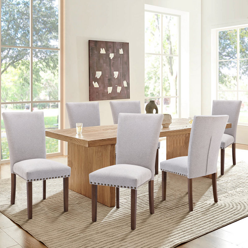 Nailhead Trim Fabric Upholstered Side Chair Wood Dining Chair (Set of 6), Pale