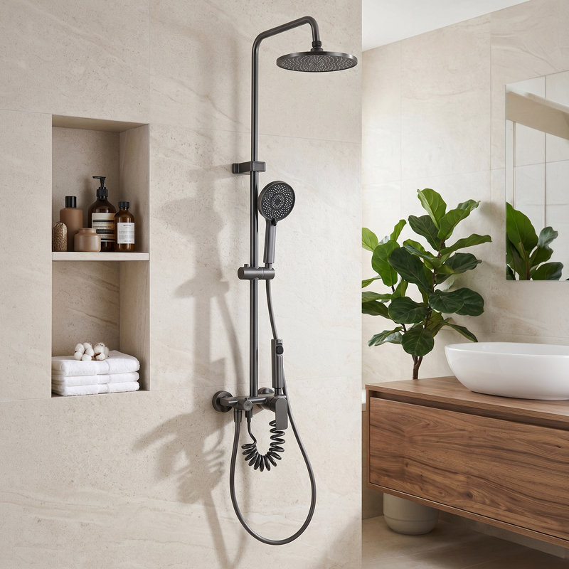 Wall-Mount Bathroom Piano-Key Panel Shower System Set, Black