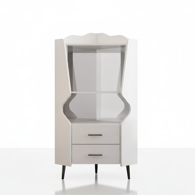 White Corner Bar Cabinet With Mirrored Back, 2 Open Shelves, 2 Drawers, And Raised Legs For Easy Cleaning – Elegant Buffet Sideboard Storage Cabinet |  