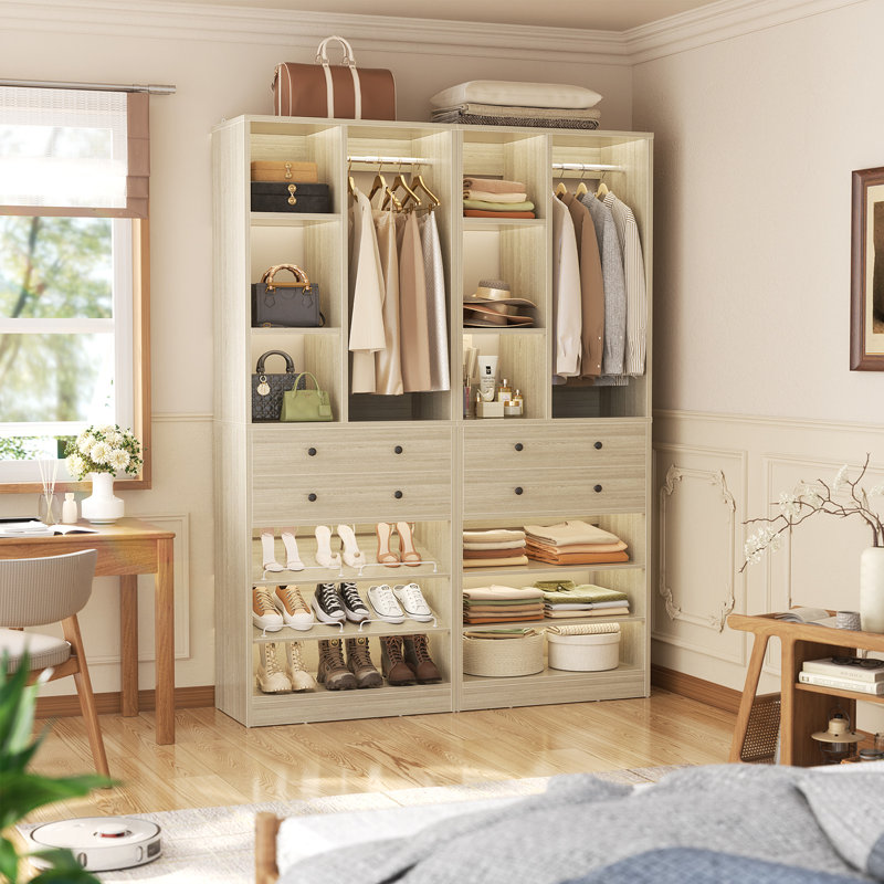 Organisateur de garde-robe de 2,7 m avec 2 tiroirs en bois et 1 tringle, Chêne blanchi