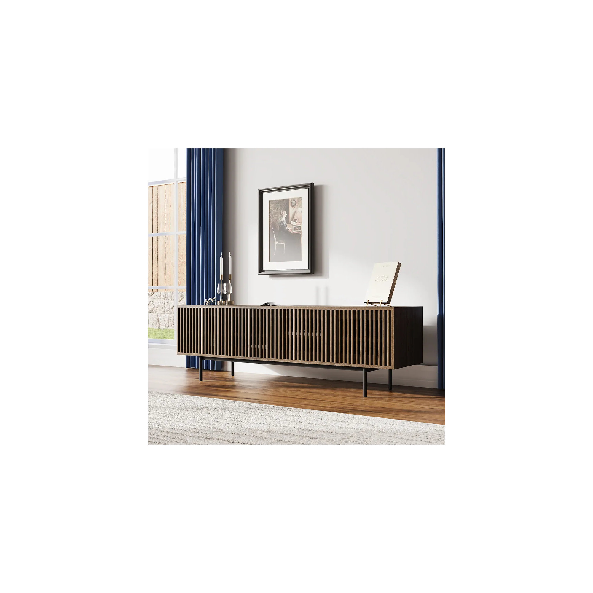 Mid-Century Modern TV Stand, 21.26" H x 71" W x 18.89" D, Walnut