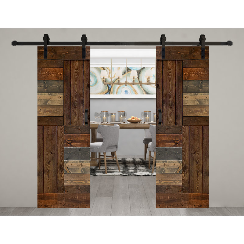 Porte de grange coulissante double en bois massif avec trousse de quincaillerie brevetée S Series - assemblage requis