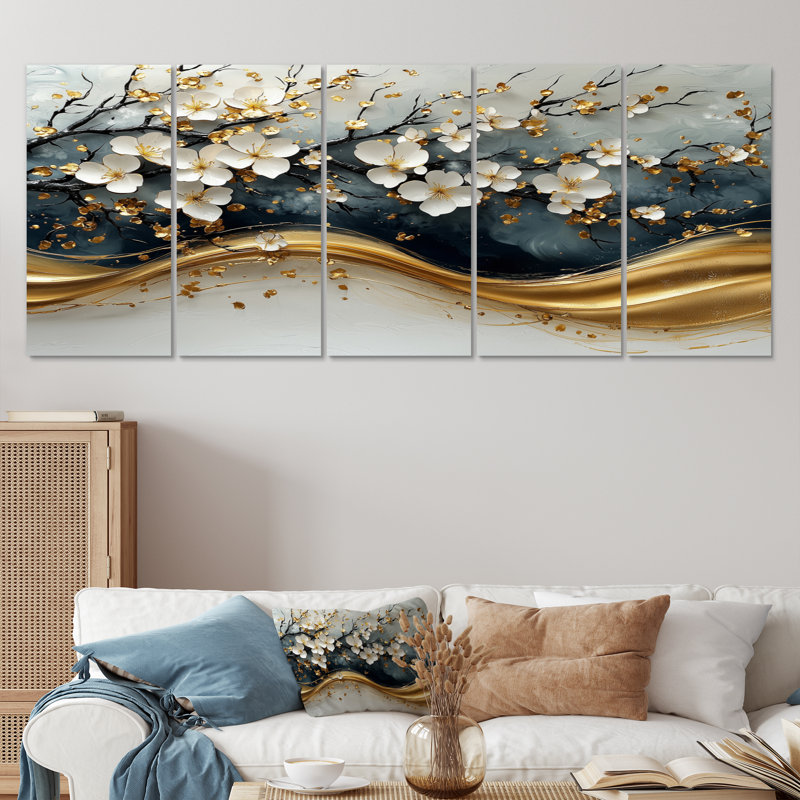 Or cerisier en fleurs près de la rivière - ensemble d'art mural fleur de cerisier, H 32 po x l 80 po