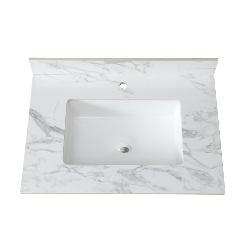 31"X22" Bathroom Countertop - Sintered Stone White With Ceramic Undermount Sink And Stylish Vanity Backsplash Top Rectangular Feature