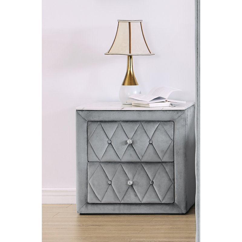 Table de chevet de style contemporain avec plateau en faux marbre et revêtement en tissu noir 2, Noir