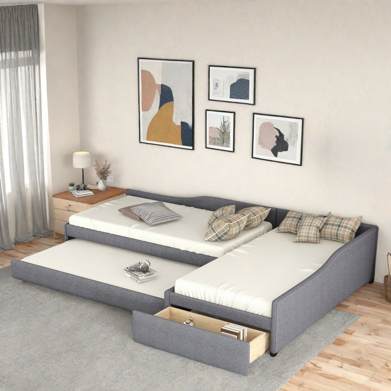 Multifunctional Upholstered Daybed With Trundle And One Drawer, Gray