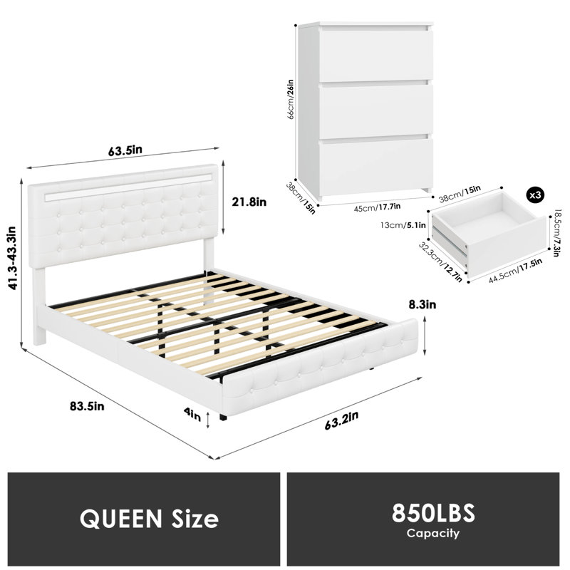 Kinzli 3 Piece Bedroom Set, Queen, White