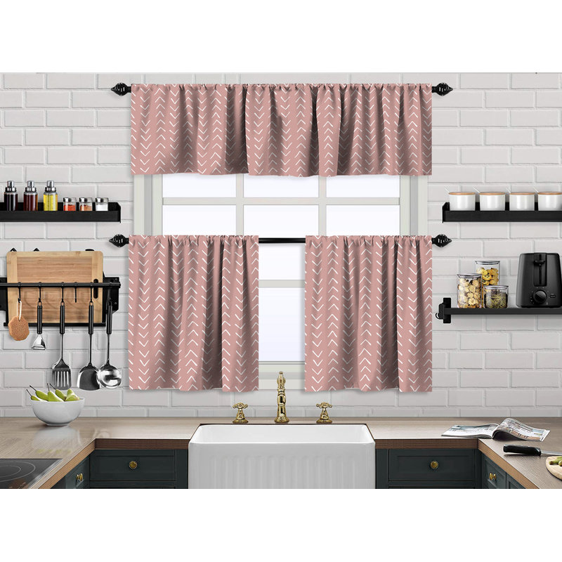 Boho Design Kitchen Valance And 2 Tiers Curtain,African Mud,Window Valance Treatments,Decorative, 24" W x 30" L, Baby Pink