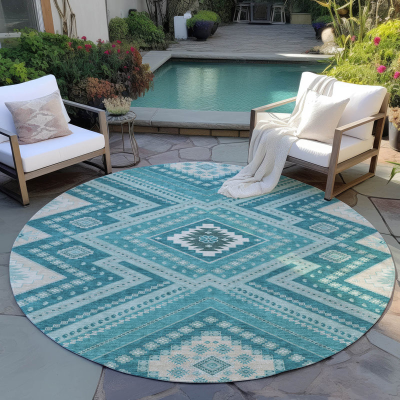 Teal Round Synthetic Flat Woven Washable Rug, 8'