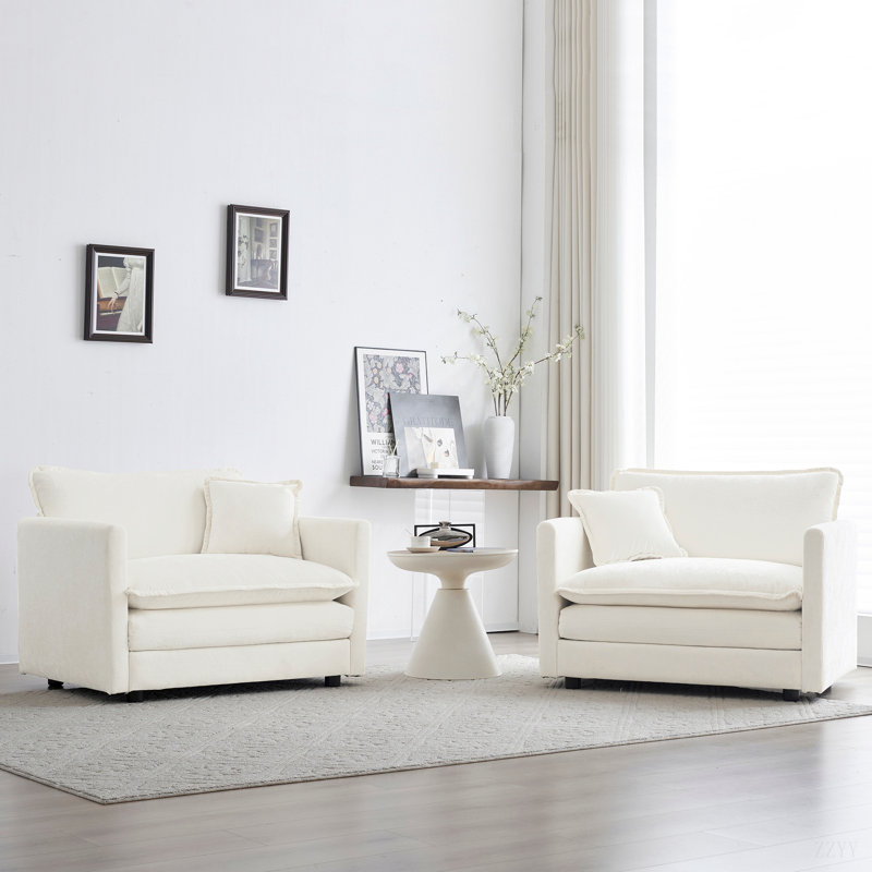 Deep Seat Chenille Sofa Set, Modern Sofa For Living Room Office Lounge, White Chenille