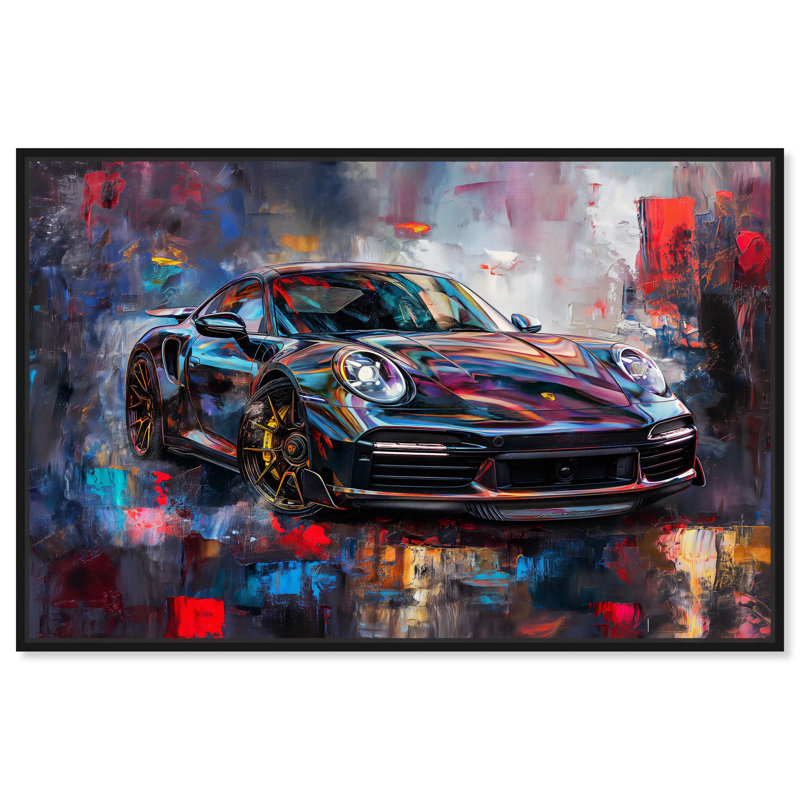 Turbocharged Porsche I Canvas Lux Car Paintings by Art Remedy, 37" H x 55" W x 1.8" D, Black Floater Framed