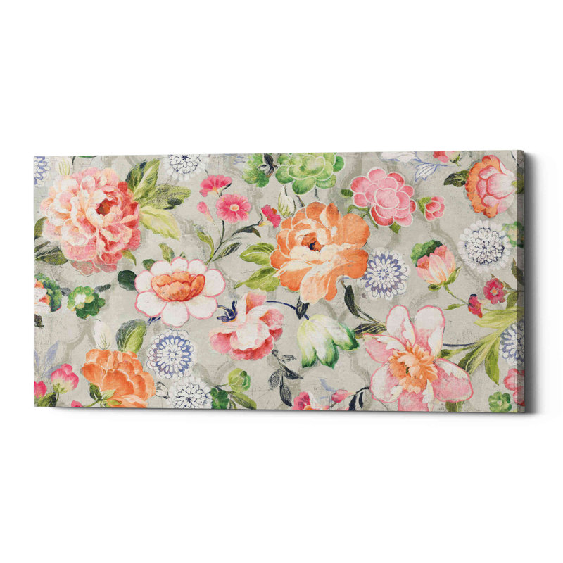 Summer Garden Floral Acrylic Painting Print in Gray and Orange