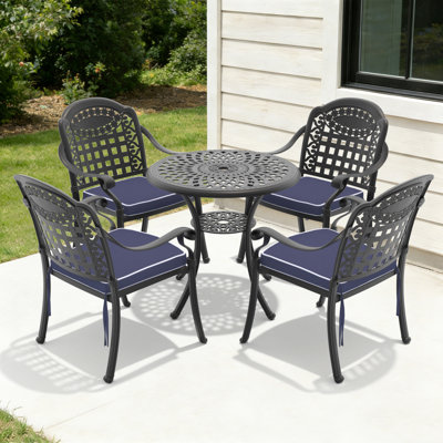 Ensemble de 5 meubles de patio en aluminium coulé avec cadre noir et coussins de siège bleus