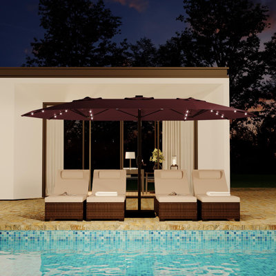 Très grand parasol rectangulaire double face pour patio avec lumières solaires à DEL - Parasol de marché extérieur robuste et résistant aux rayons UV - Base robuste, 8 nervures, inclinaison à bouton-poussoir, manivelle, assemblage facile - Claret