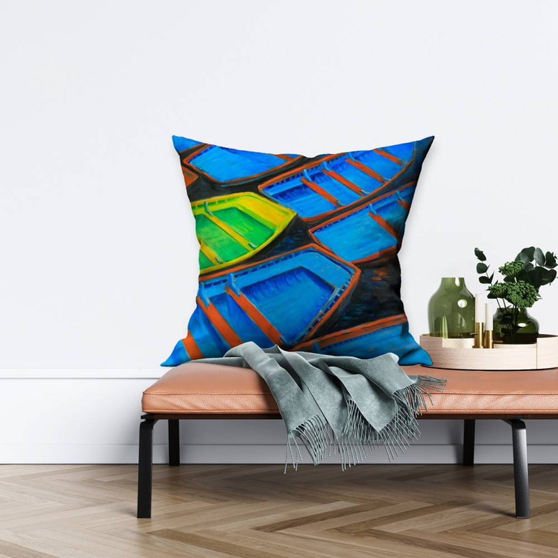 Small canoes - 26"x26" Throw pillow - Poly twill - Print on demand, Blue/Orange/Green
