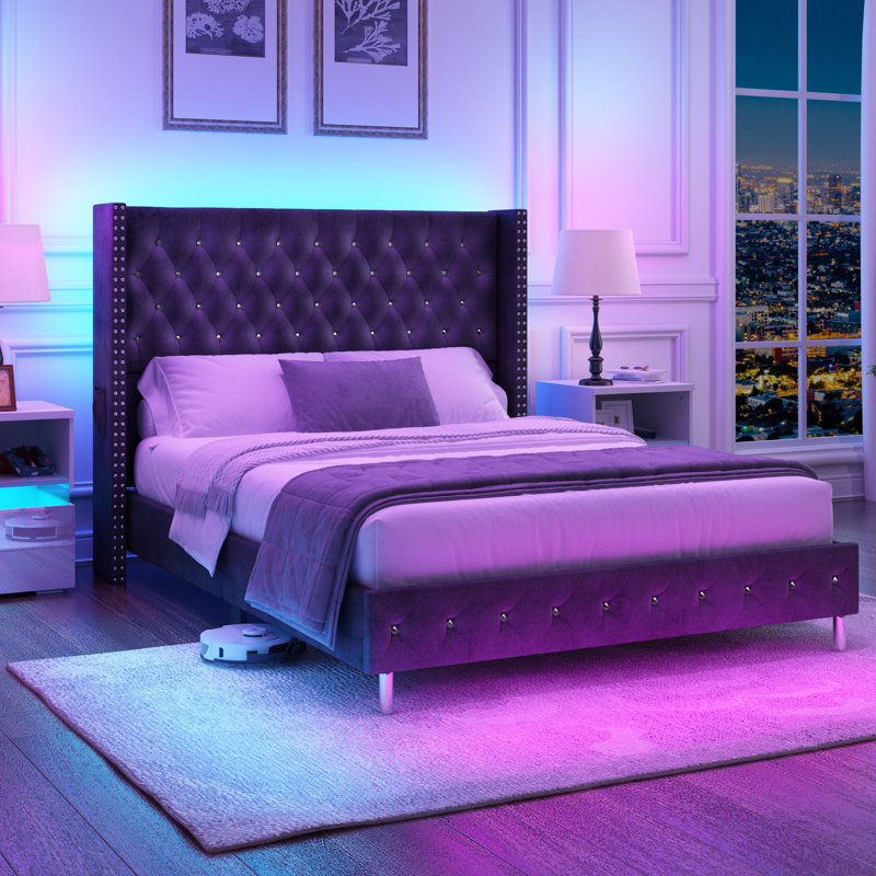 Milun Queen white Upholstered Platform Bed with Wingback and LED, Gray