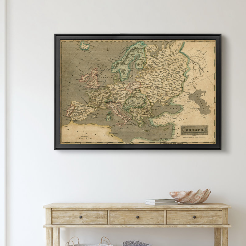 Carte de l’Europe par Thomson-impression d’art graphique sur toile encadrée, H 18,5 po x l 24,5 po x P 1,5 po, Cadre noir