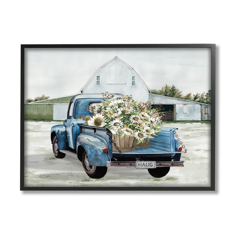 «Sunflower Truck At Farm» encadré sur bois par Cindy Jacobs, impression, H 24 po x l 30 po x P 1,5 po