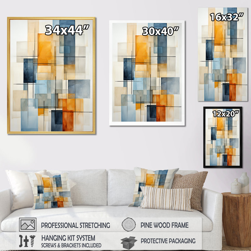 Collage géométrique beige et bleu - reproduction sur toile, Toile tendue, H 40 po x l 30 po x P 1,5 po