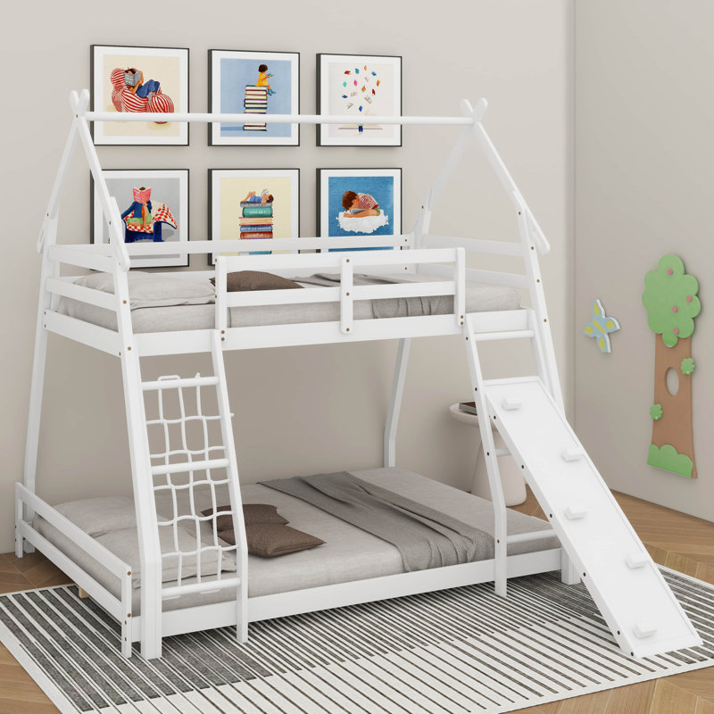 Lit superposé simple au-dessus de grand lit avec filets d'escalade et rampe d'escalade, Blanc