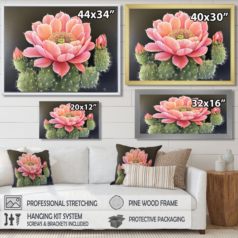Cactus rose en fleurs dans le désert de Mojave - impression d'art mural cactus floral, H 12 po x l 20 po, Doré