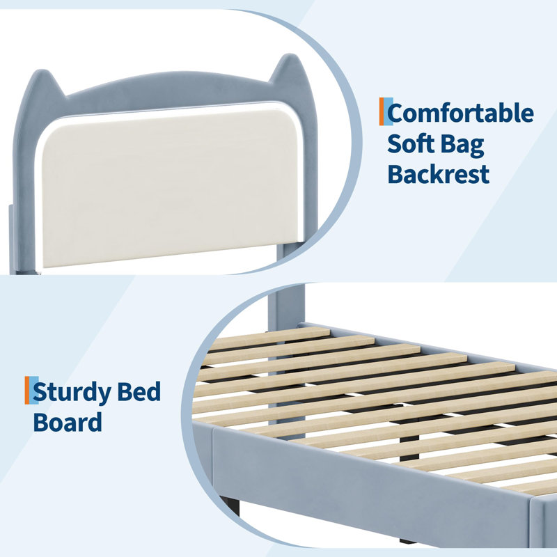 Structure de lit simple pour enfant avec tête de lit pour chat, cadre de lit plateforme tapissier avec support de lattes en bois robuste, aucun sommier nécessaire, assemblage facile, bleu et blanc
