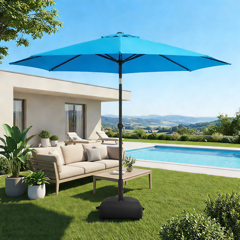 Parasol de marché 9 pi avec base et bouton poussoir inclinable 9 pi, Bleu ciel