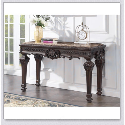 Solid Wood Traditional Console Table With Marble Top, Hand Carved Living Room Entryway Table