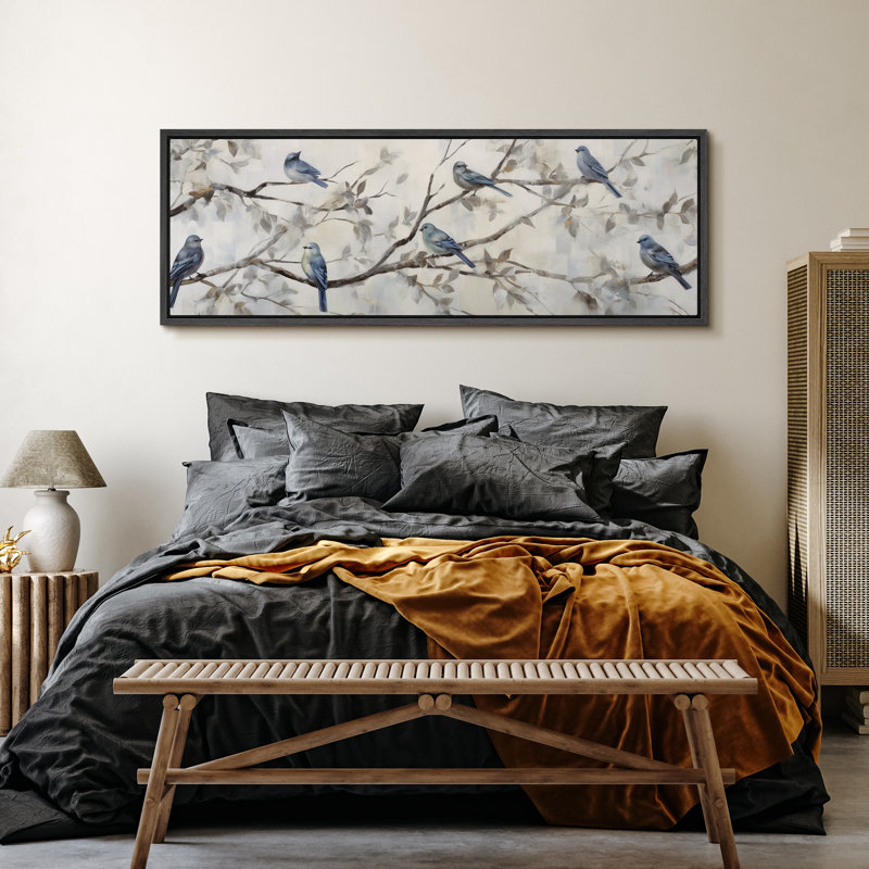 Bird " Serene Bluebirds On Branches Cute Animals Modern Art Calm Warm Extra Large Pictures ", 20" H x 60" W, Black